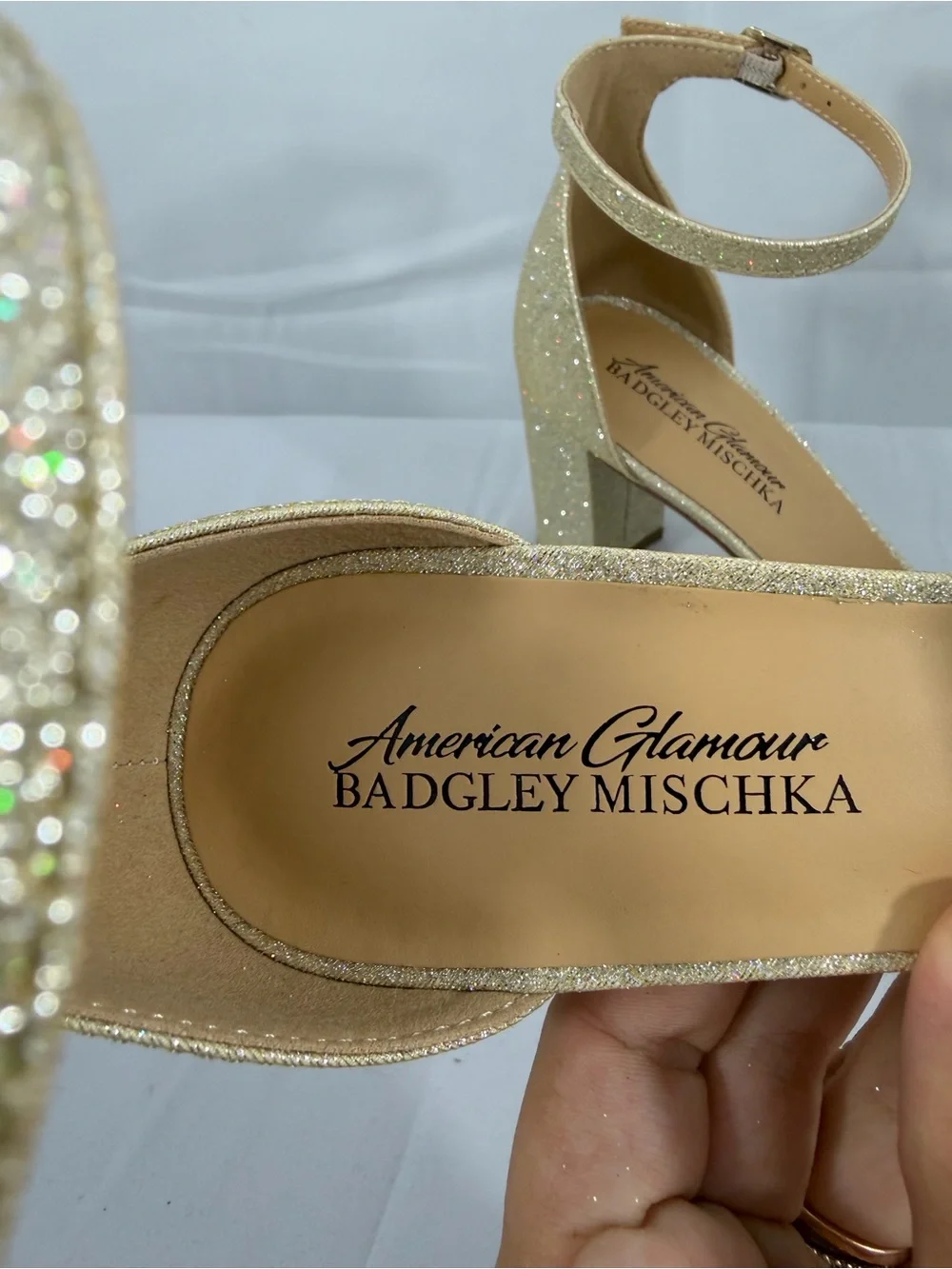NWT Badgley Mischka Size 5.5 Gold Silver Rhinestone Ankle-Strap Block Heels